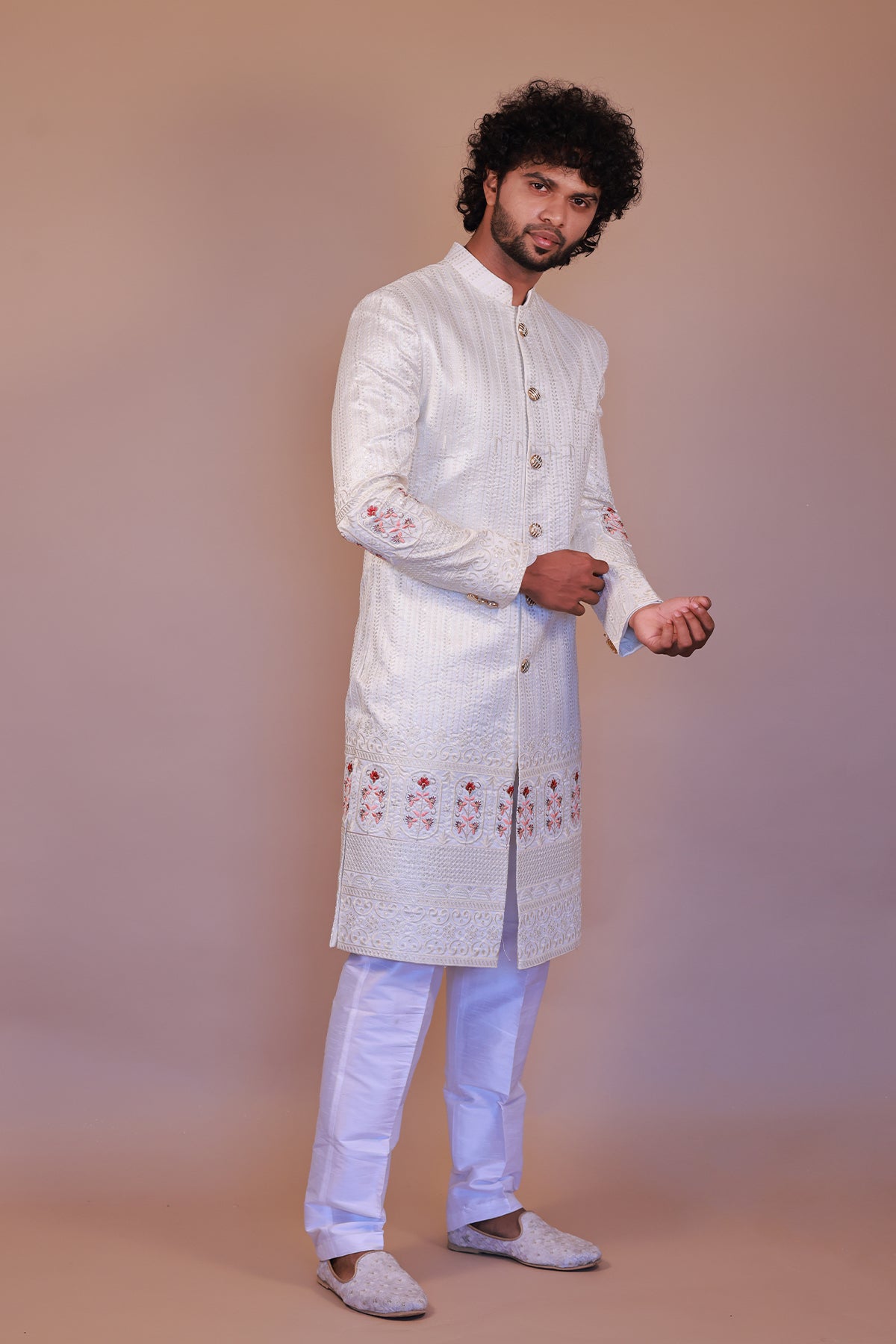 White Sherwani for Groom with Rich Orange & Maroon Thread Embroidery
