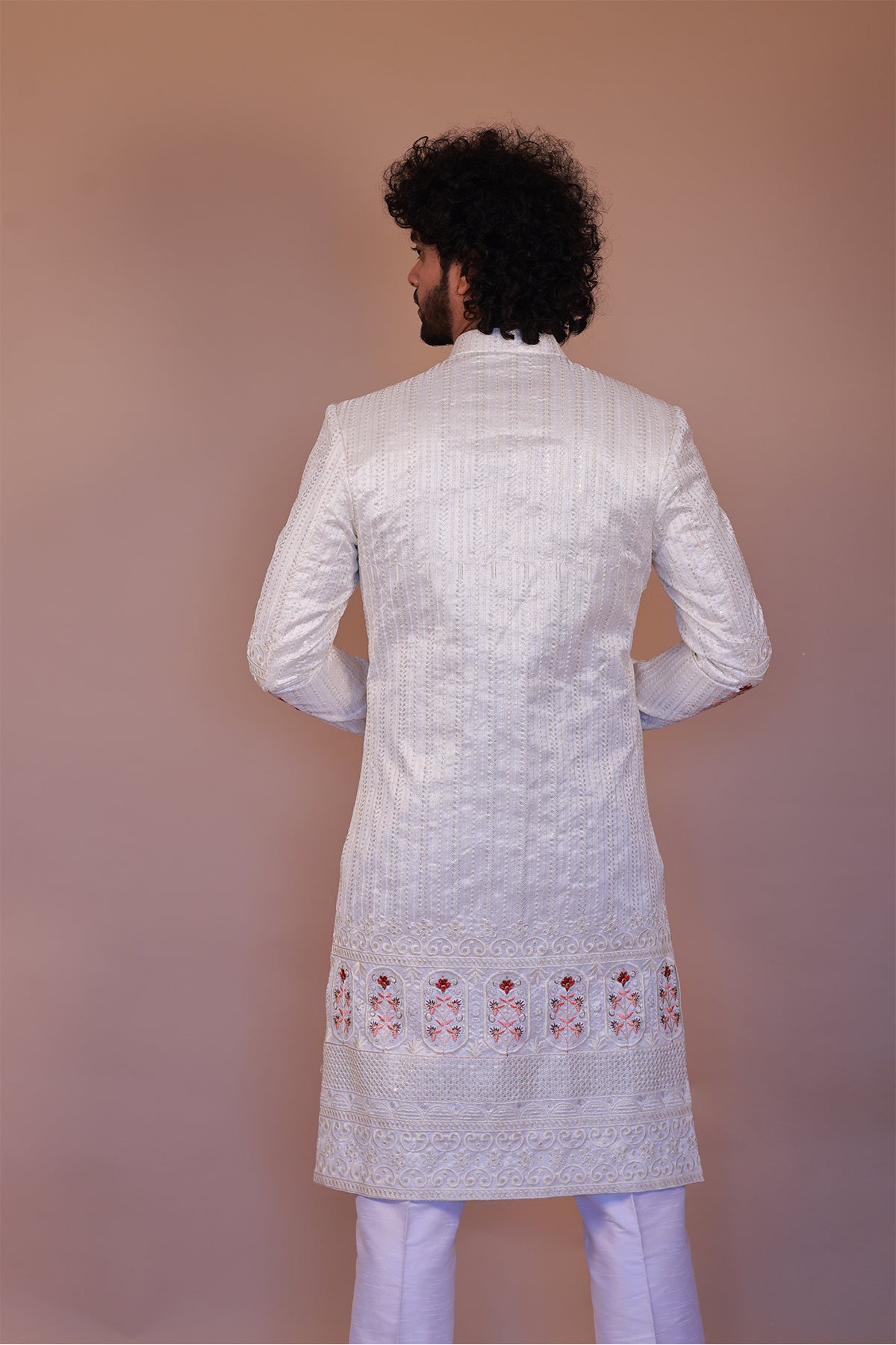 White Sherwani for Groom with Rich Orange & Maroon Thread Embroidery