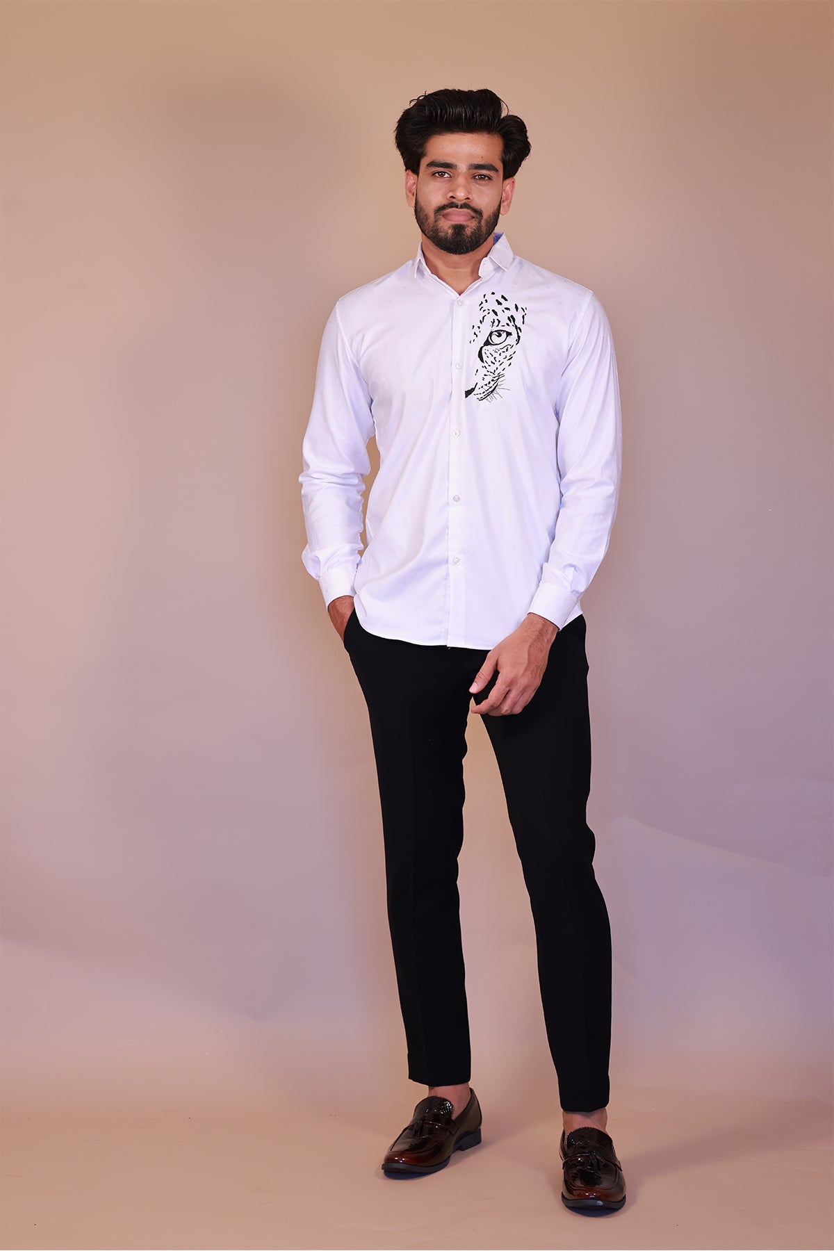 White Casual Shirt with Black Cheetah Face Embroidery