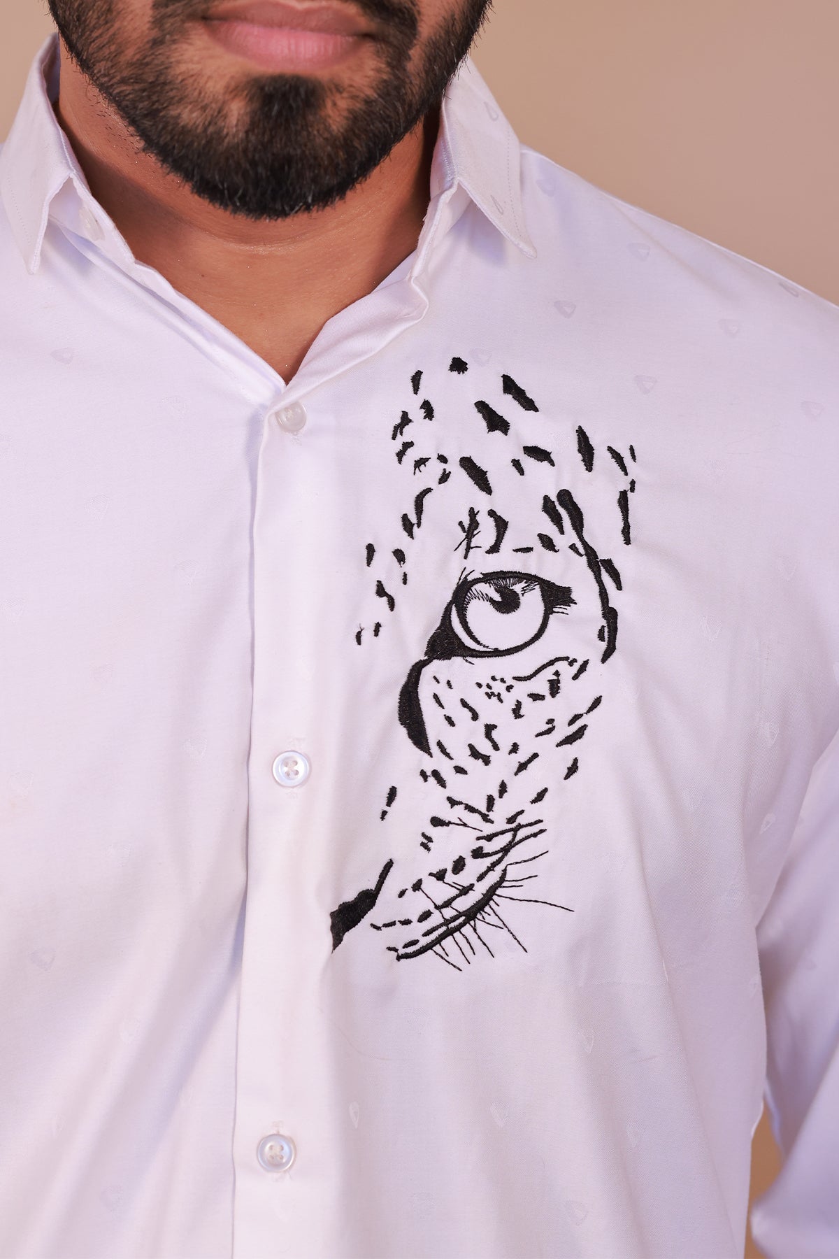 White Casual Shirt with Black Cheetah Face Embroidery
