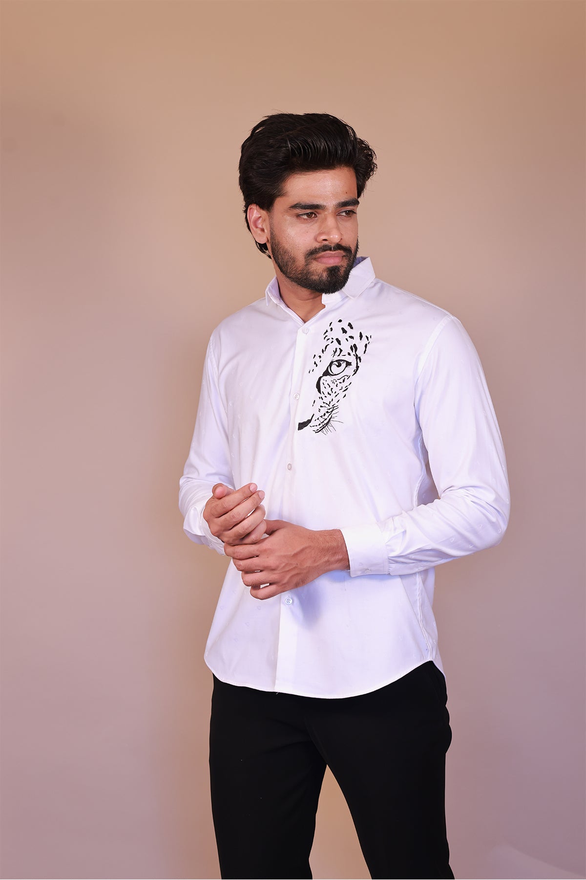White Casual Shirt with Black Cheetah Face Embroidery