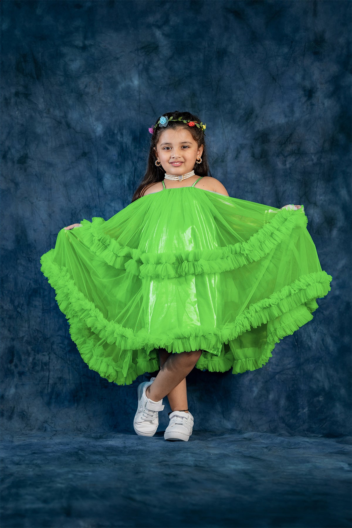Sky blue net ruffle frock for kid
