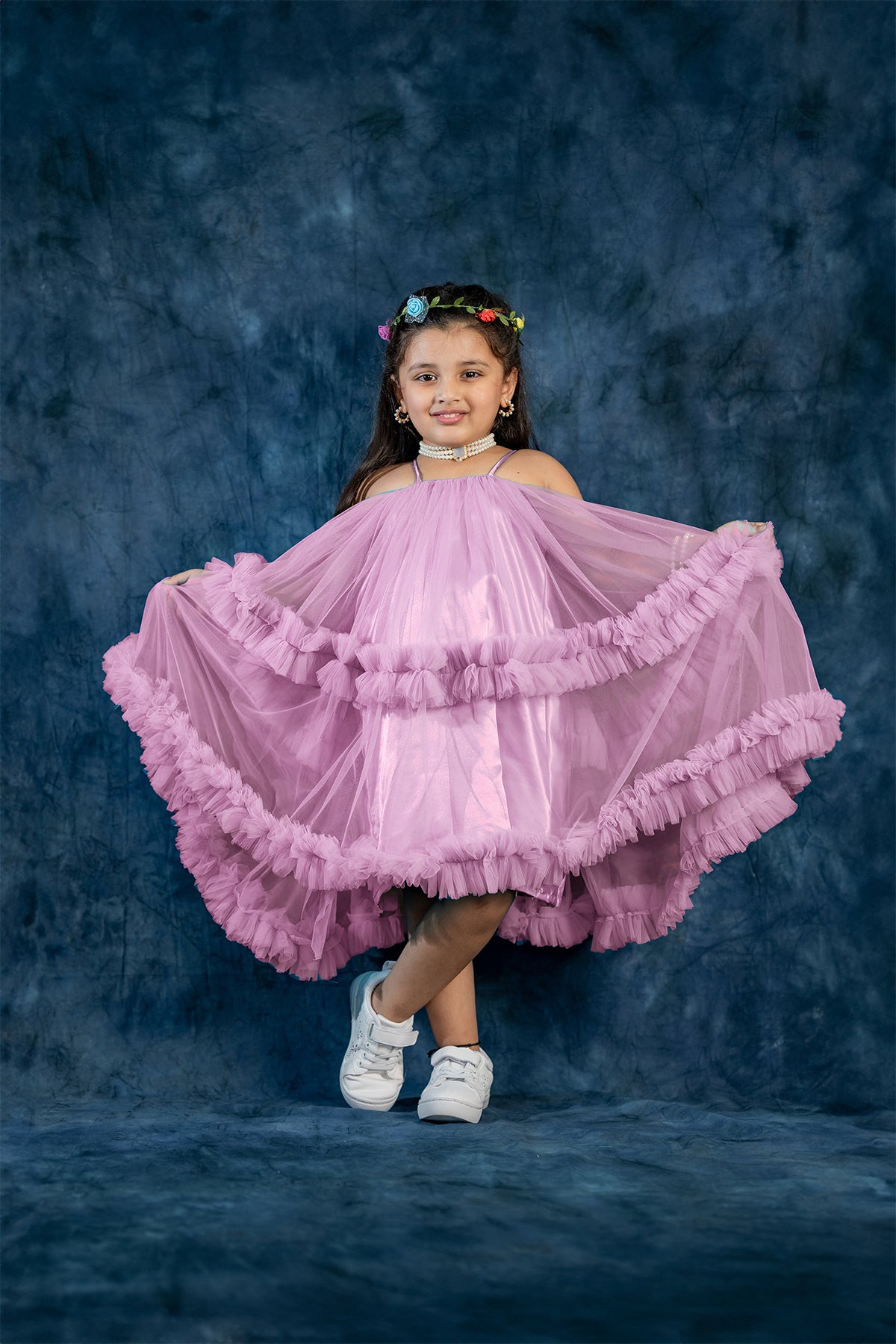 Sky blue net ruffle frock for kid