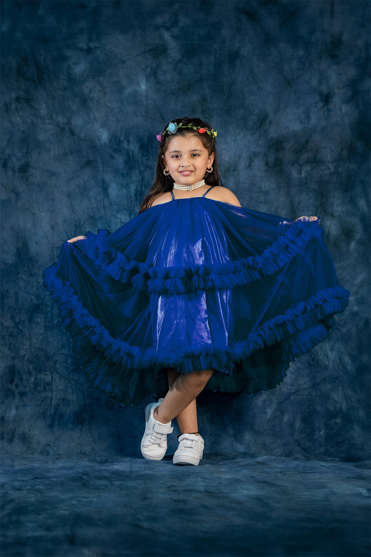 Sky blue net ruffle frock for kid