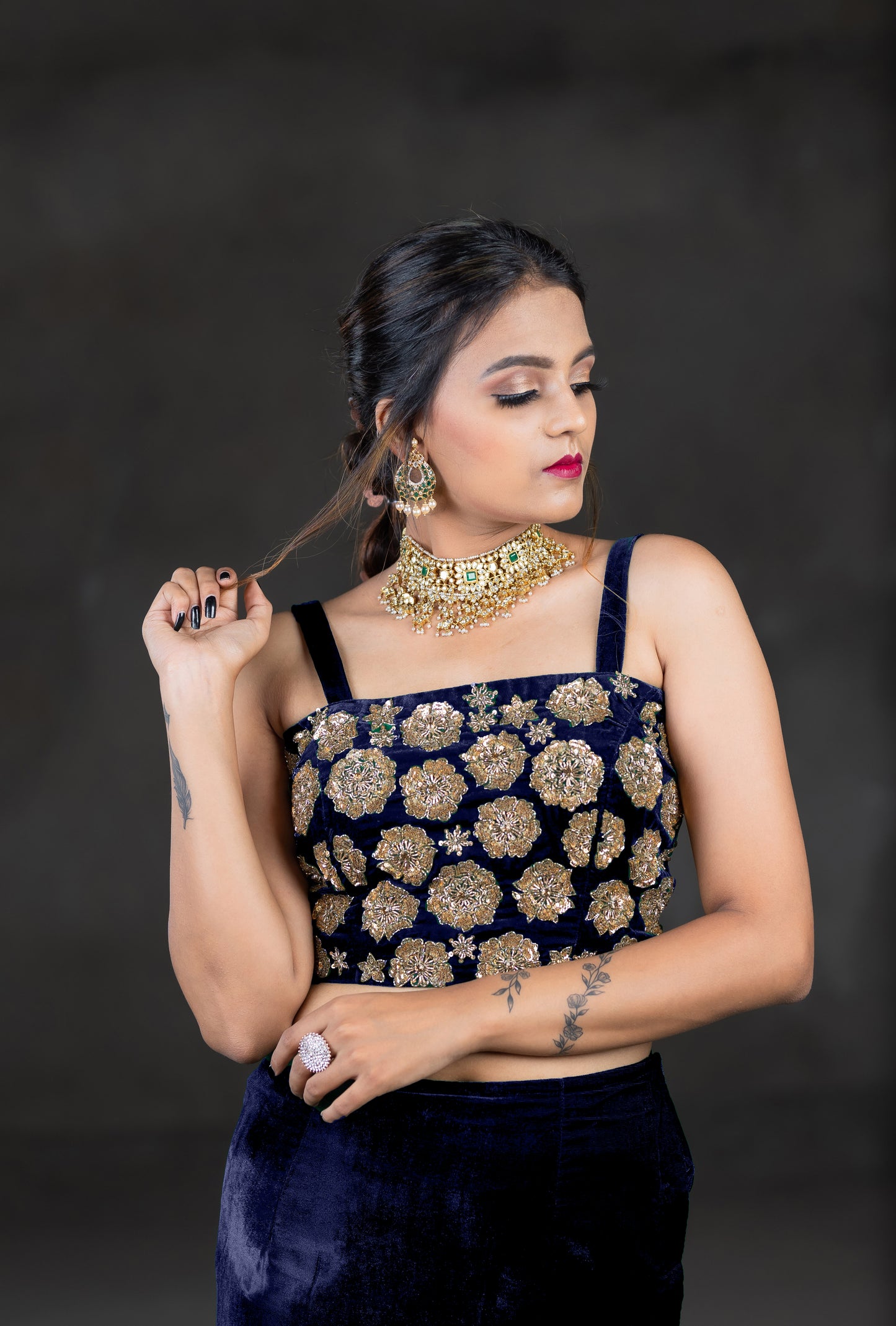 Velvet blouse with embroidery work