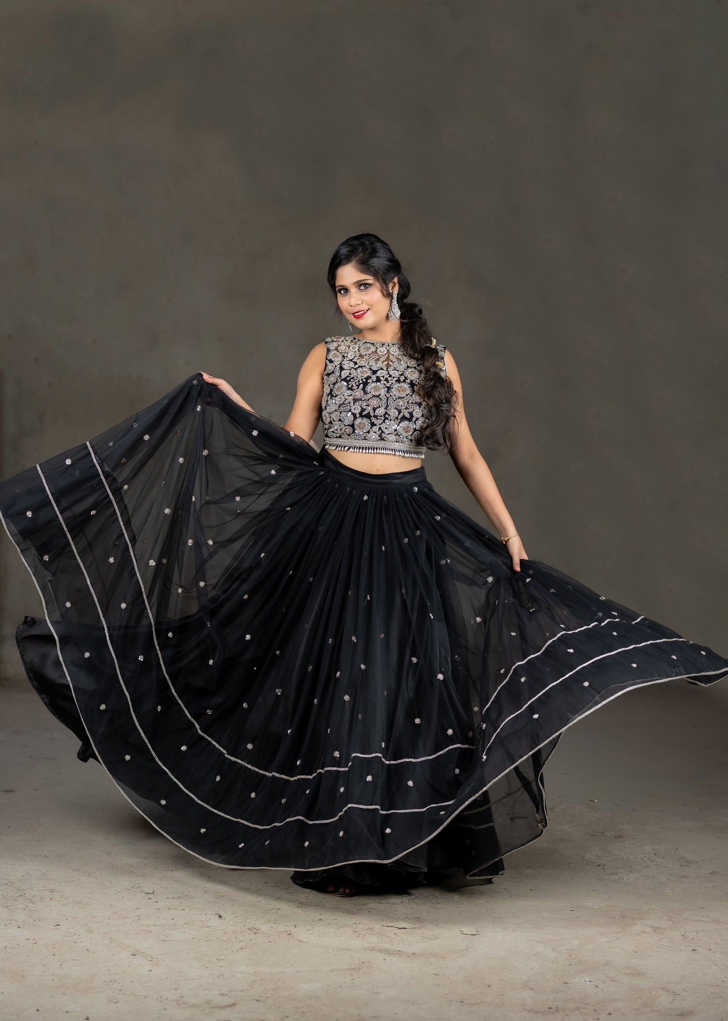 SILVER EMBROIDERY CROP TOP & LEHENGA