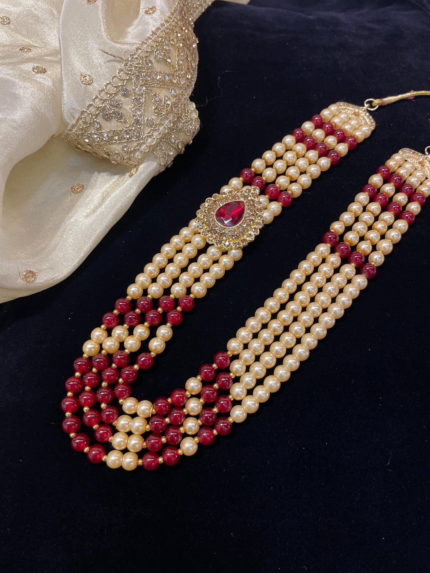 Sophisticated Cream and Maroon Pearl Mala – Perfect for Festive Occasions
