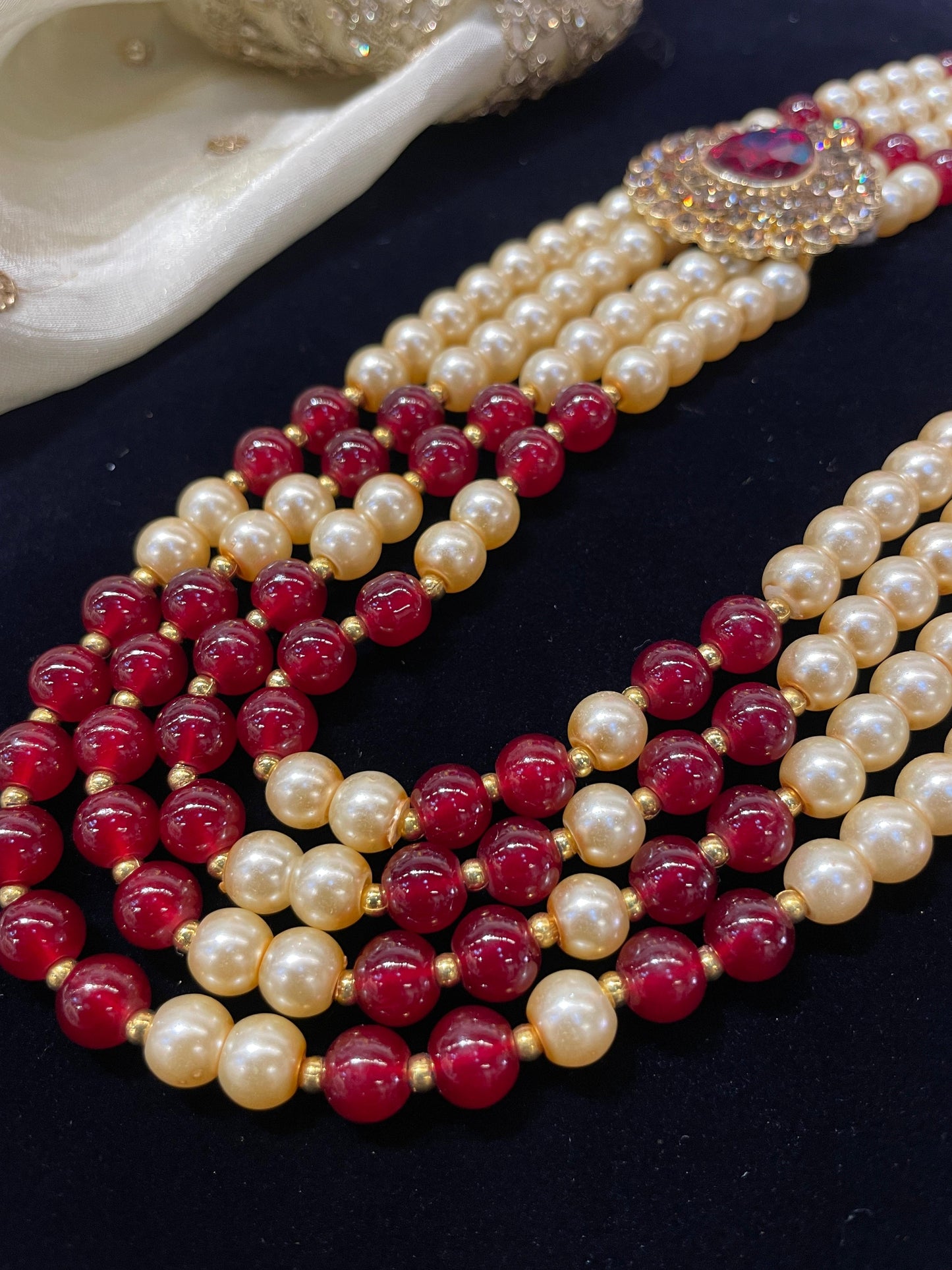 Sophisticated Cream and Maroon Pearl Mala – Perfect for Festive Occasions