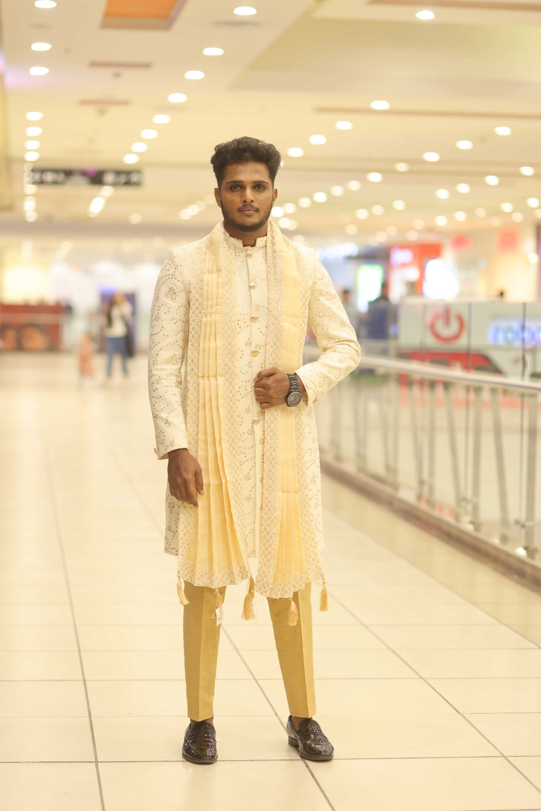 White & Cream sherwani set with dupatta for groom
