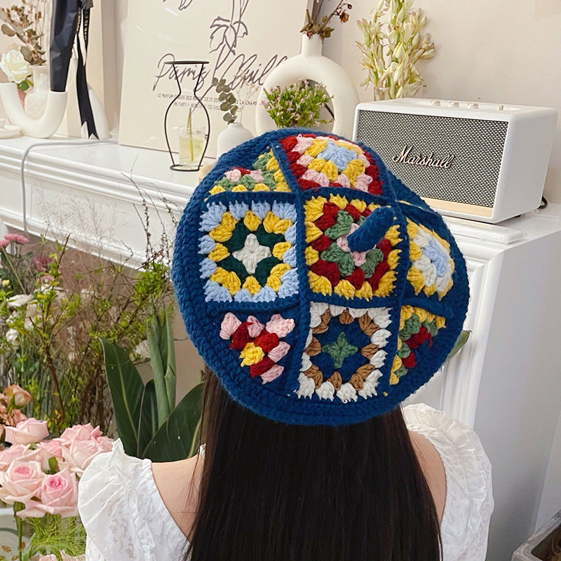Handmade Knitted Ethnic Style Grandmother Plaid Hat