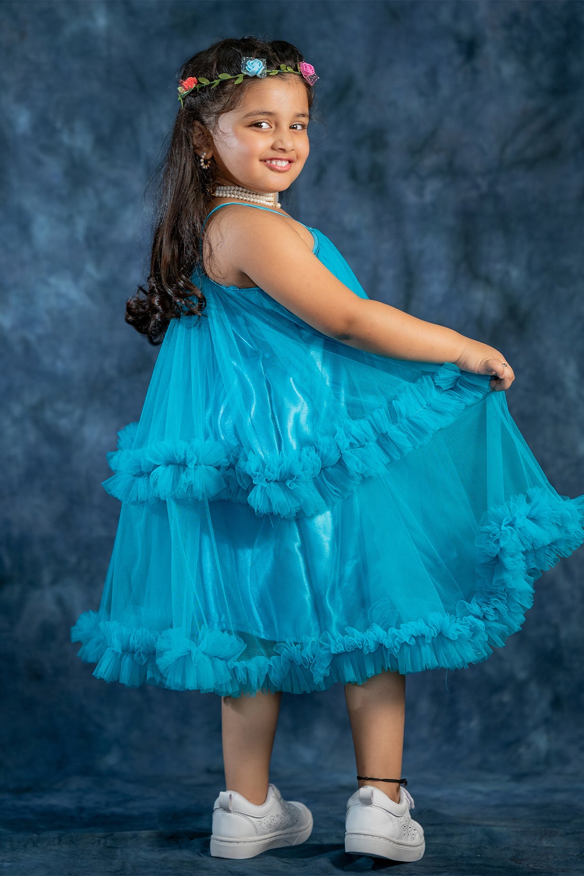 Sky blue net ruffle frock for kid