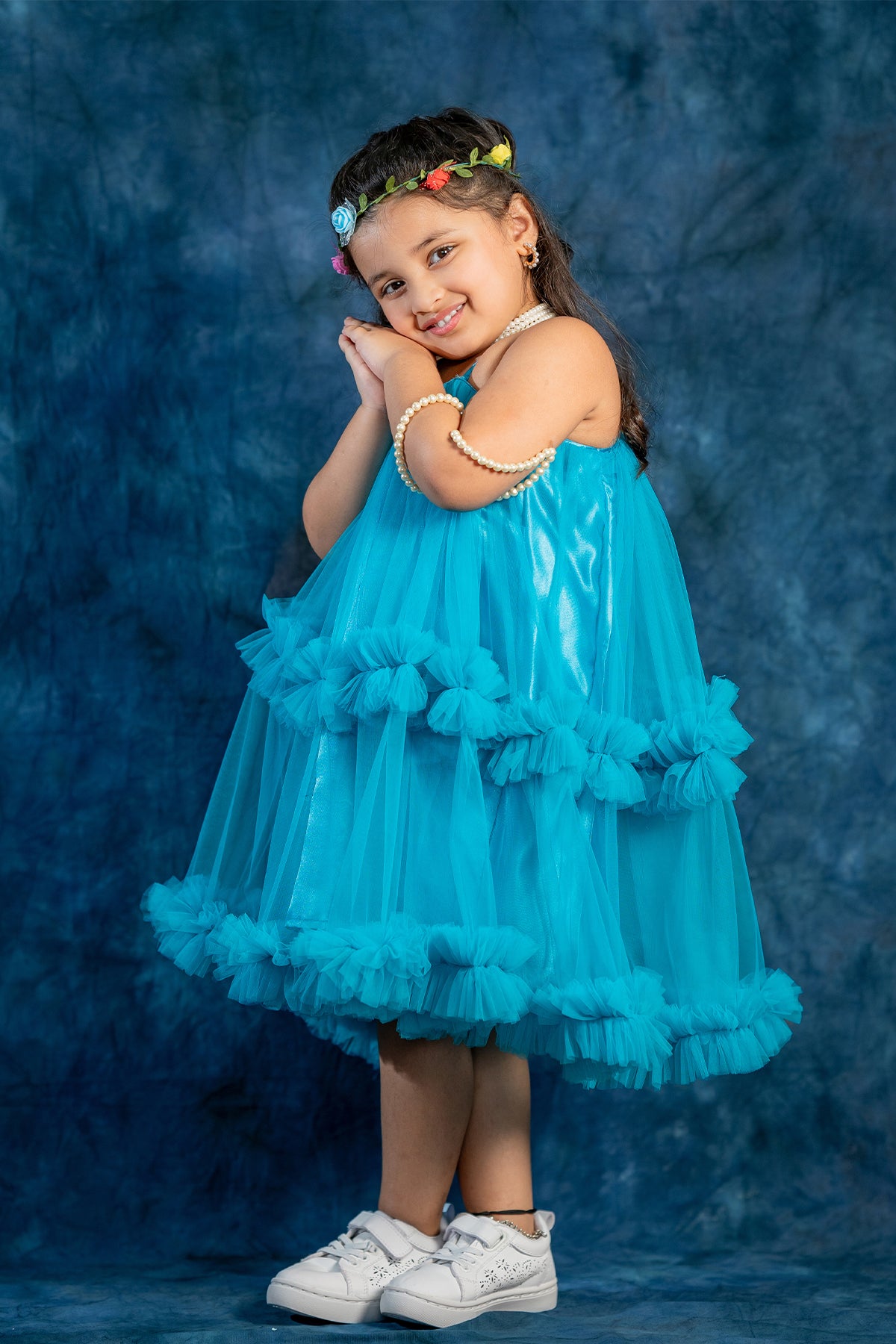 Sky blue net ruffle frock for kid