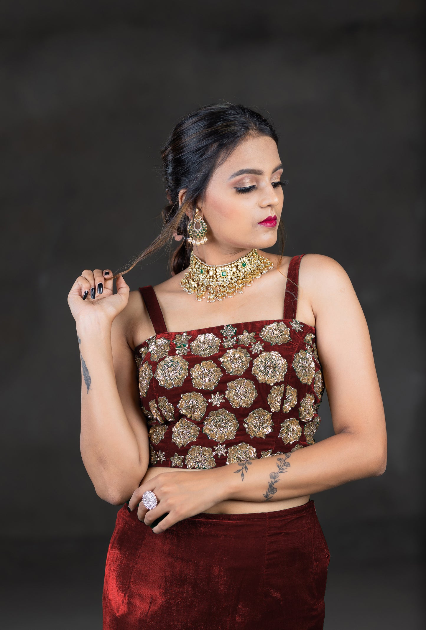 Velvet blouse with embroidery work