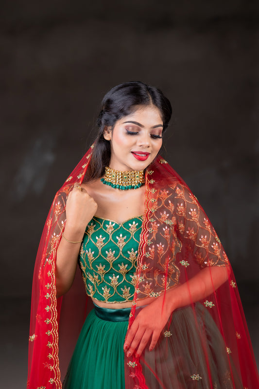 Green lehenga embroidery work with Red dupatta