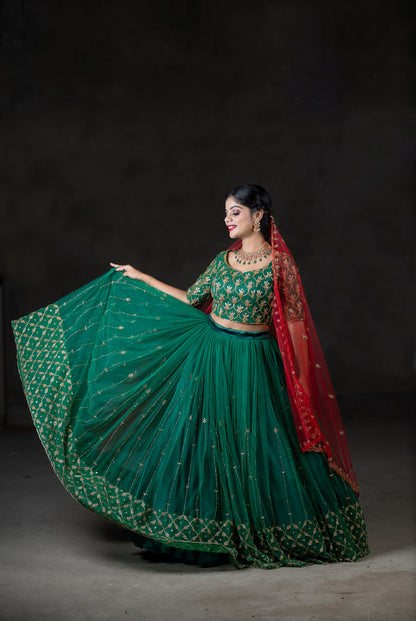 Green lehenga embroidery work with Red dupatta