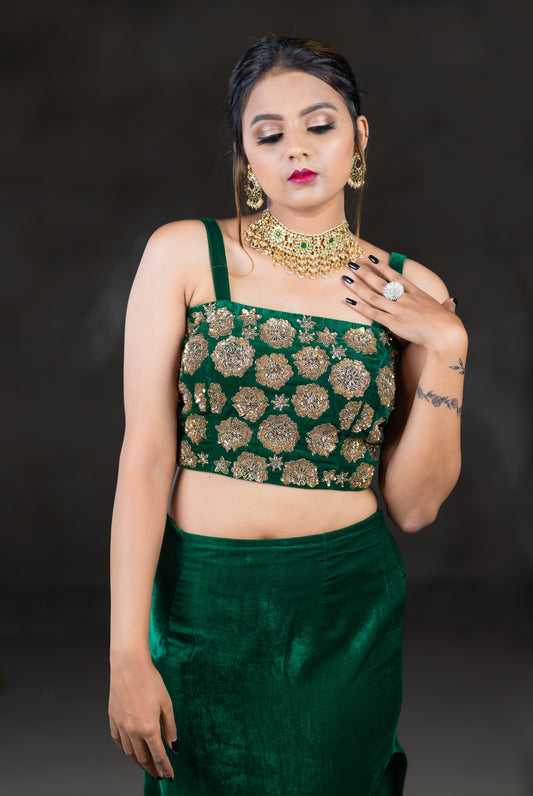 Green velvet blouse with embroidery work