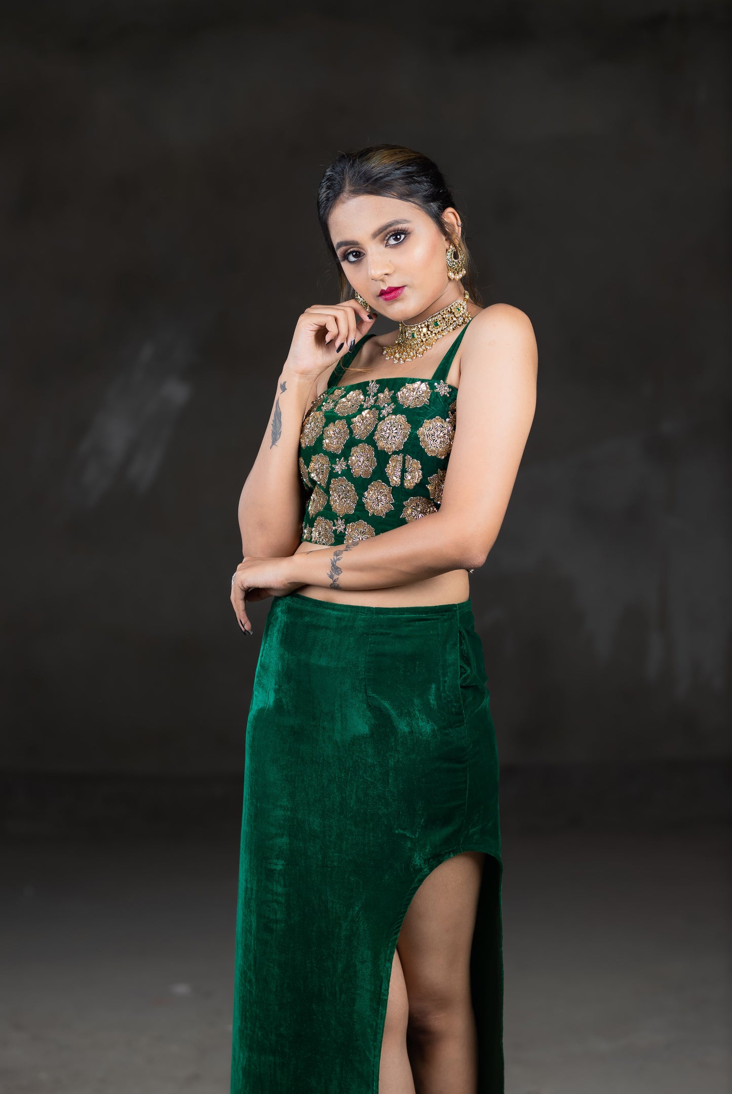 Green velvet blouse with embroidery work