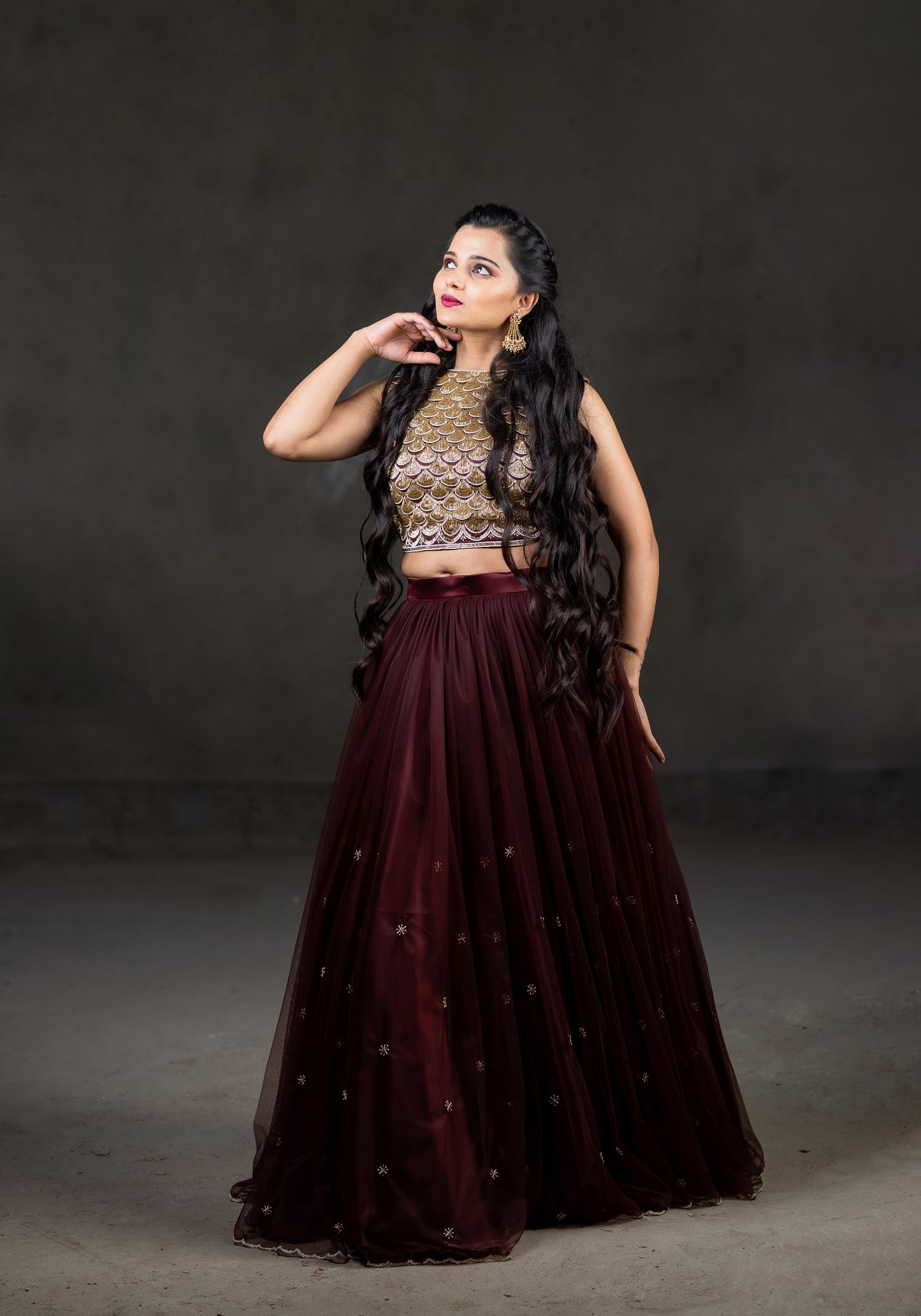 Chocolate Brown lehenga embroidery work