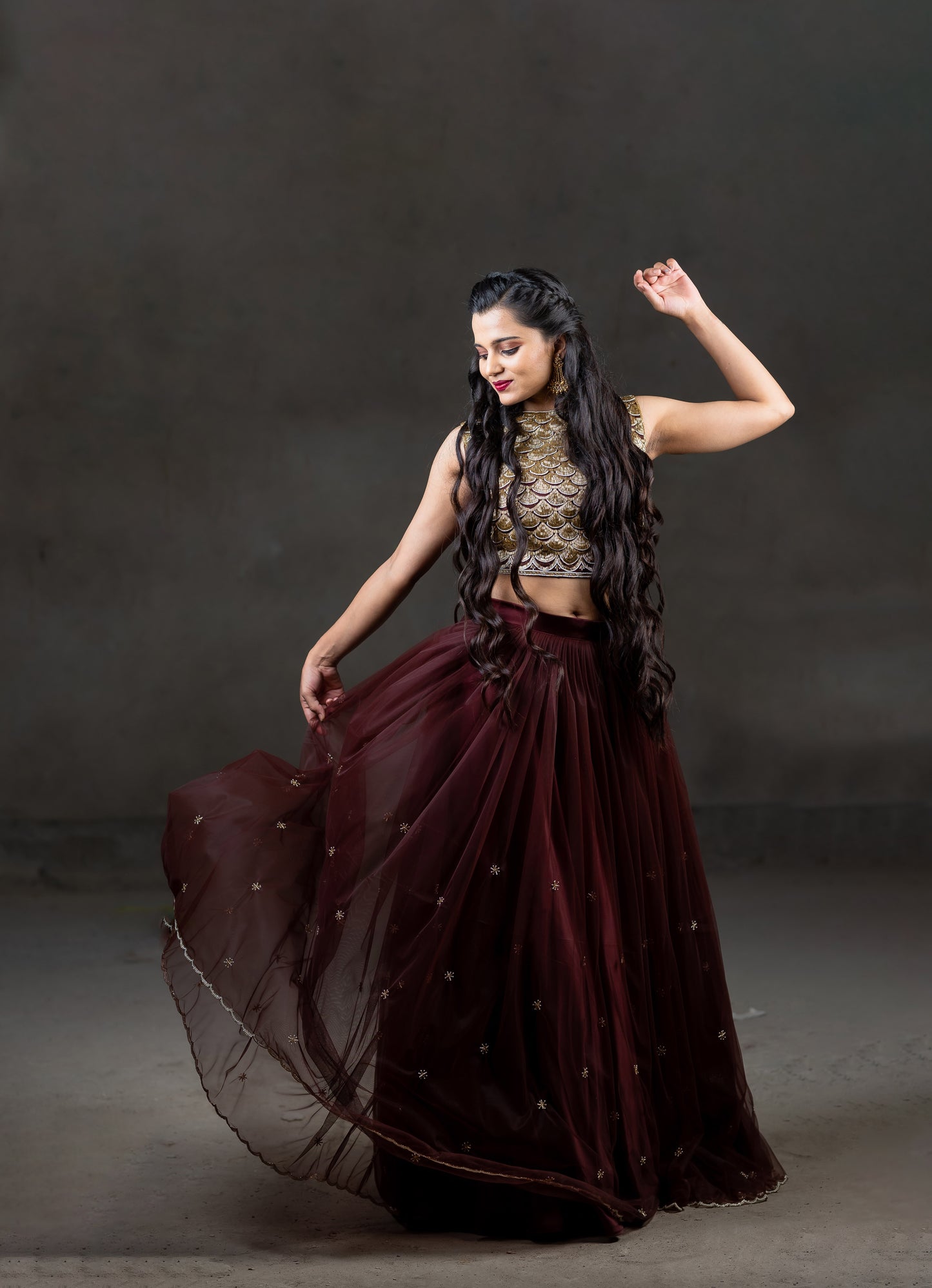 Chocolate Brown lehenga embroidery work