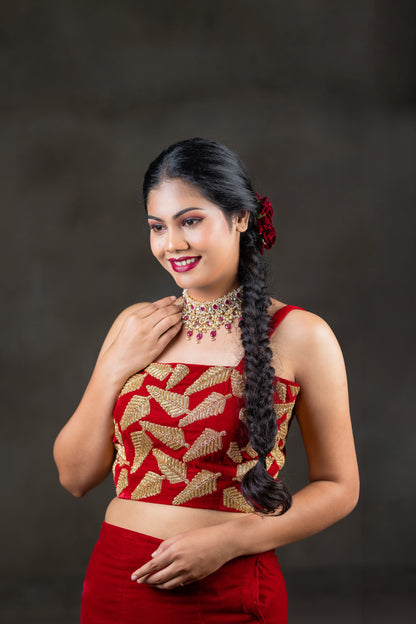Red velvet blouse with embroidery work