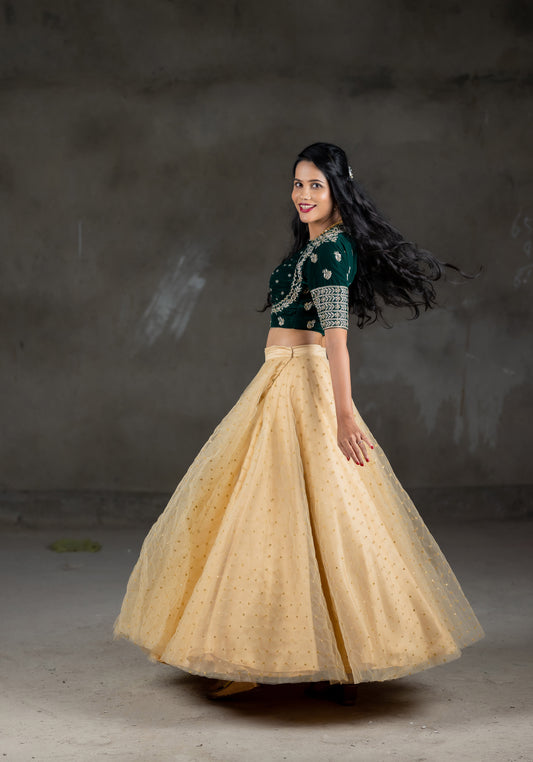 Green beautiful velvet blouse with embroidery work and cream skirt