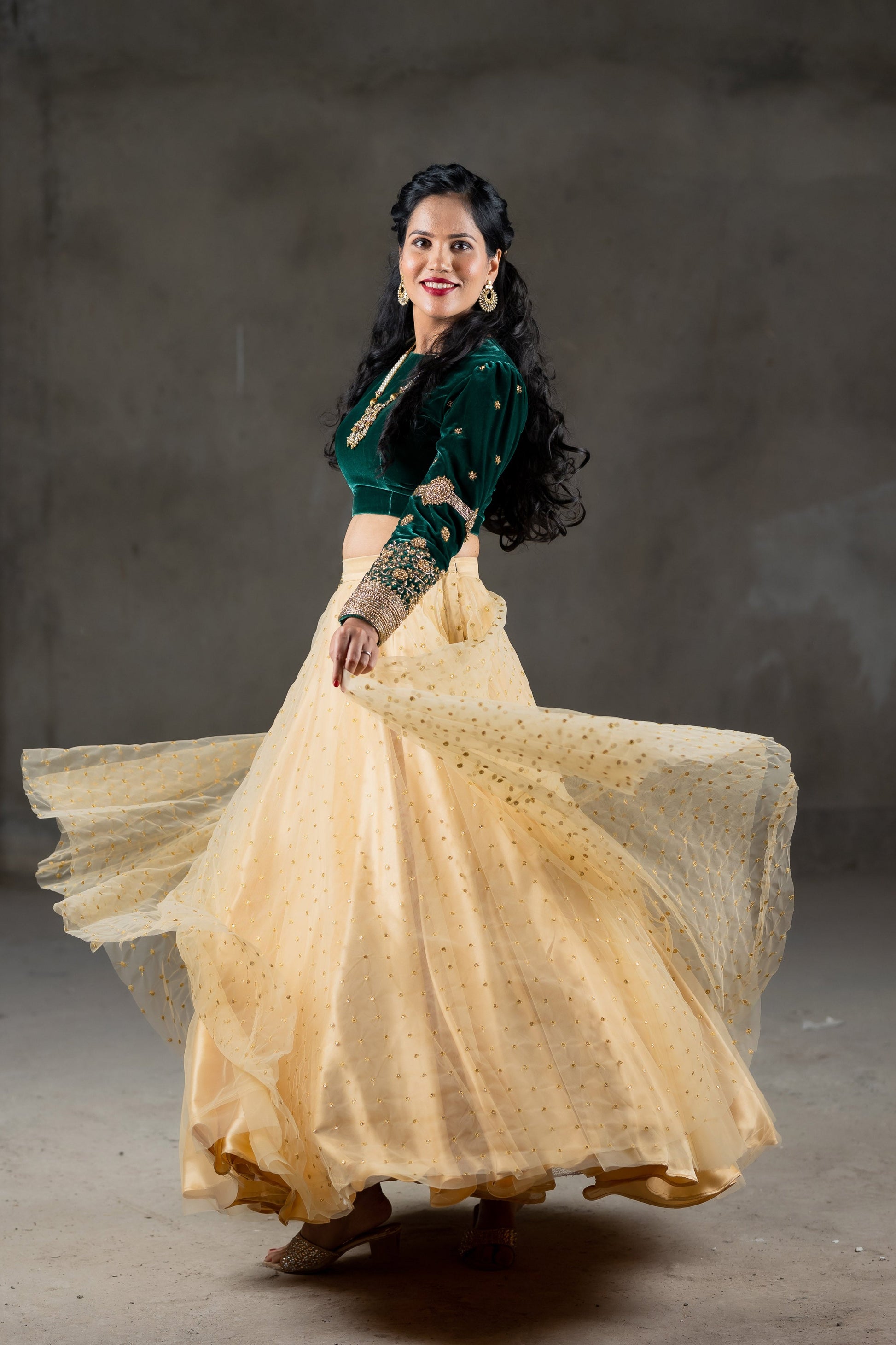 Fashion Mantra Crop Top Lehenga For Reception Green Velvet