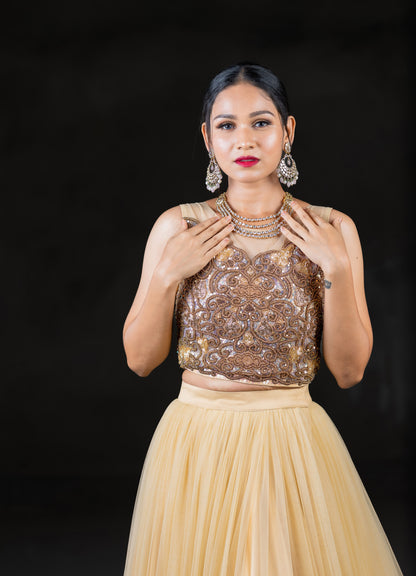 CREAM EMBROIDERY WORK CROP TOP & SKIRT