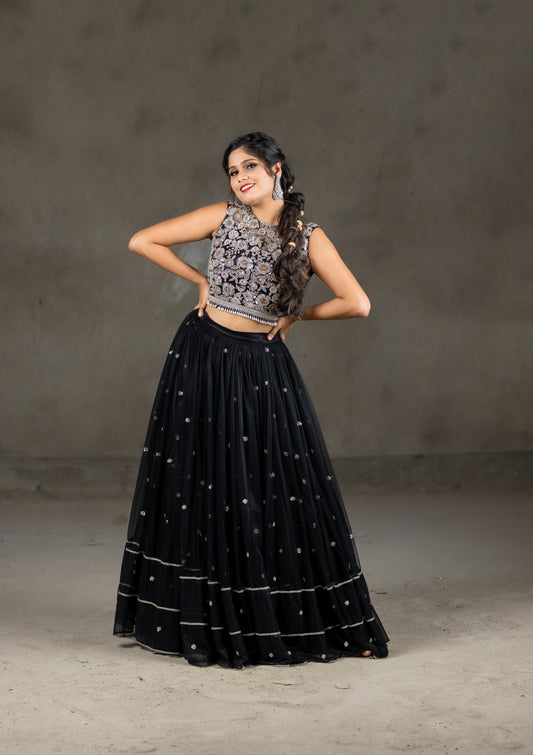 SILVER EMBROIDERY CROP TOP & LEHENGA