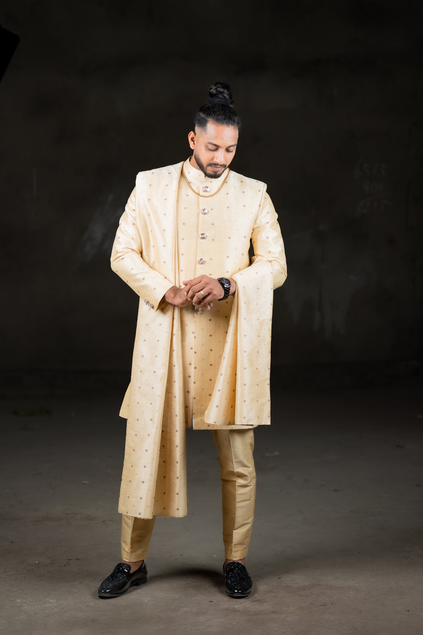 Gold sherwani with Dupatta