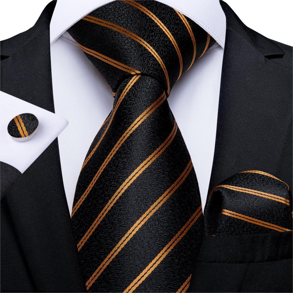 Men's Tie Luxury Black And Gold Striped Silk Woven