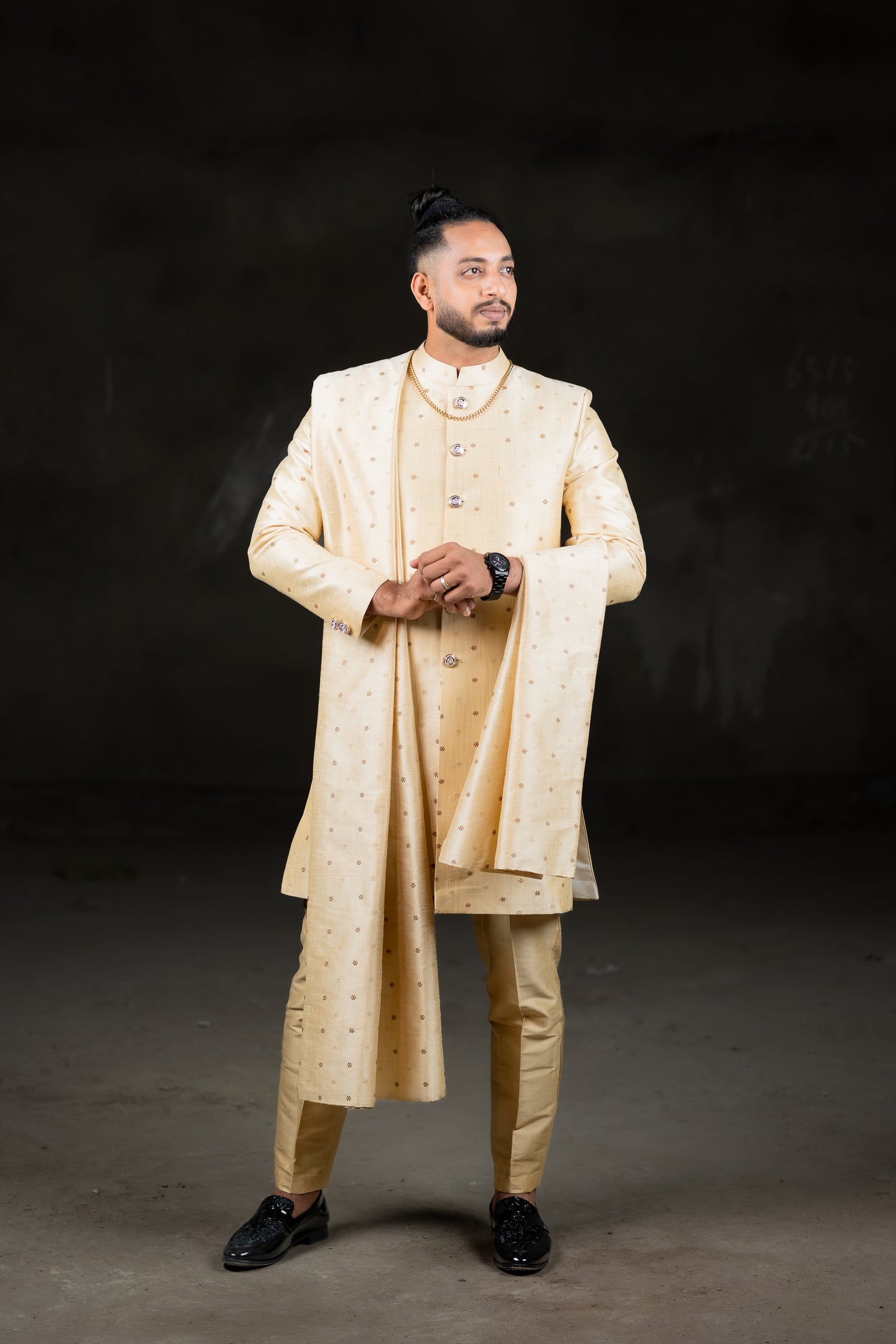 Gold sherwani with Dupatta