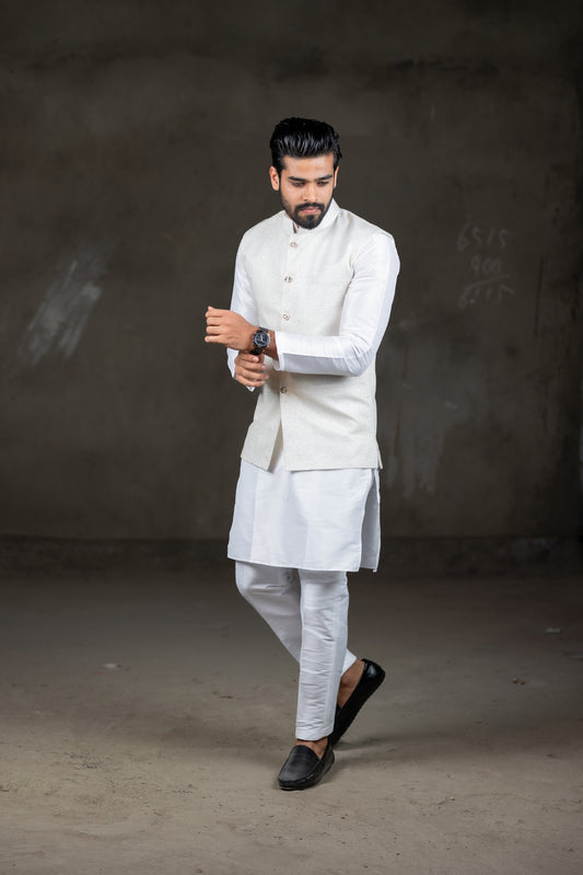 White kurtha set with modi jacket