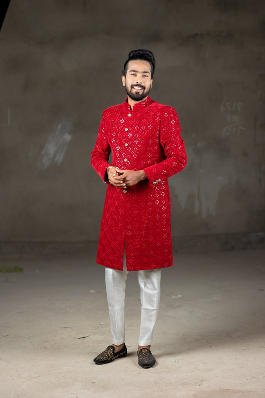 RED VELVET SHERWANI & WHITE PANT