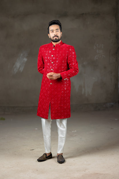 RED VELVET SHERWANI & WHITE PANT