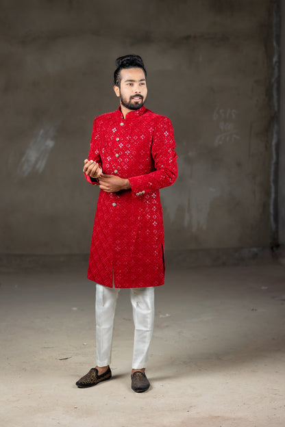 RED VELVET SHERWANI & WHITE PANT