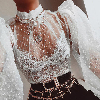 Sexy perspective lantern sleeve mesh gown