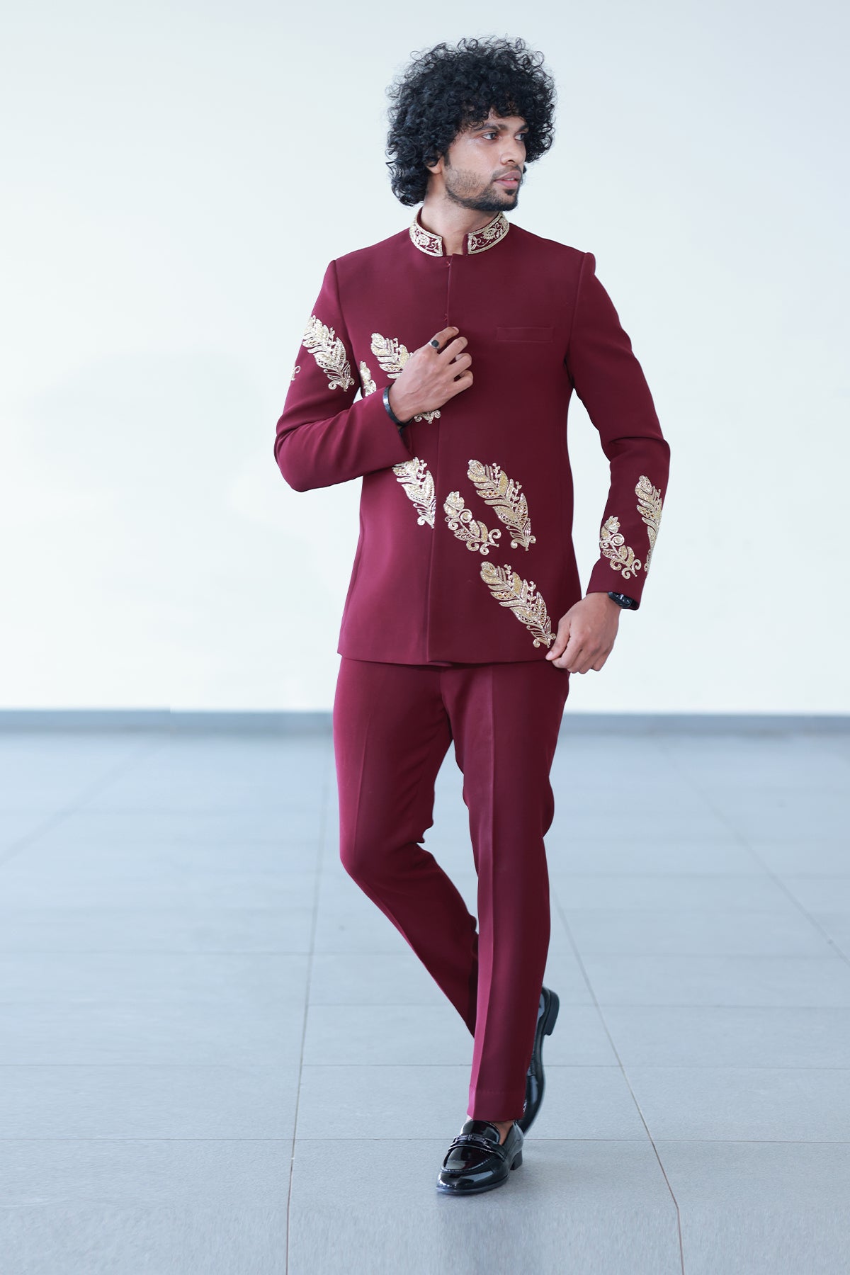 Royal Gold-Embroidered Maroon Bandhgala