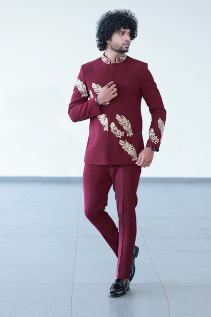 Royal Gold-Embroidered Maroon Bandhgala