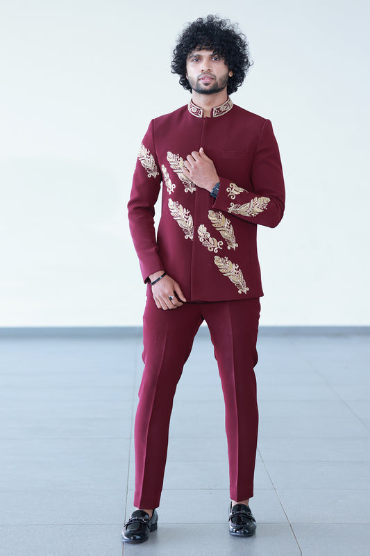 Royal Gold-Embroidered Maroon Bandhgala