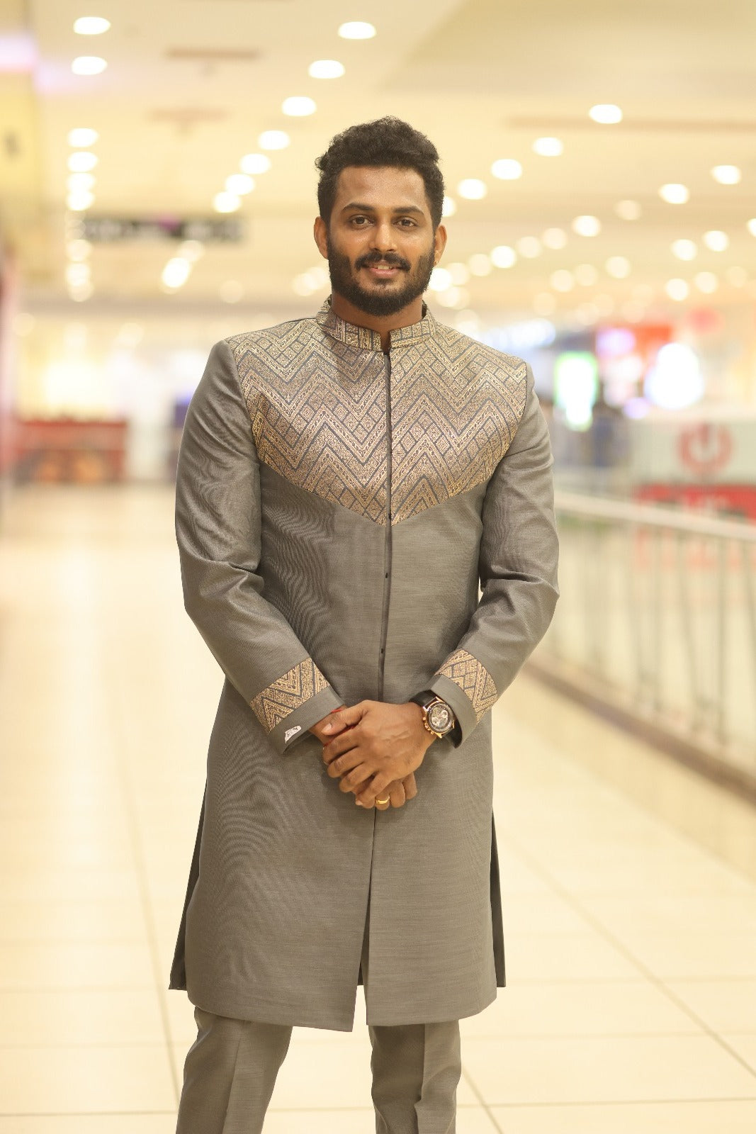 GREY SHERWANI WITH GOLD BROCADE