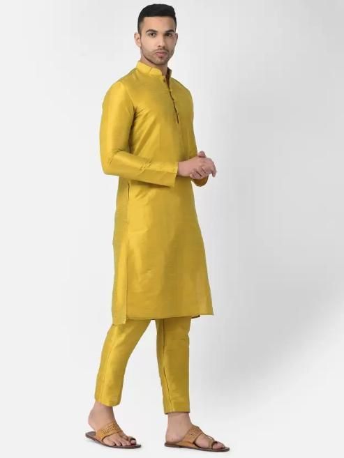 AHBABI Men's Solid Dupion Silk Kurta Pyjama Set Mustard