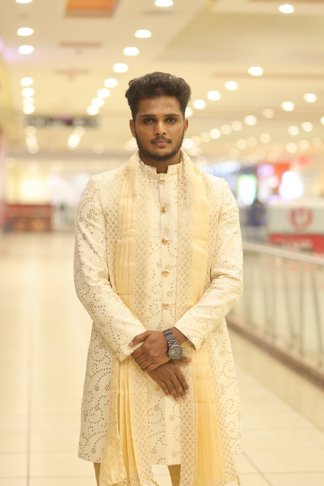 White & Cream  sherwani set with dupatta for groom