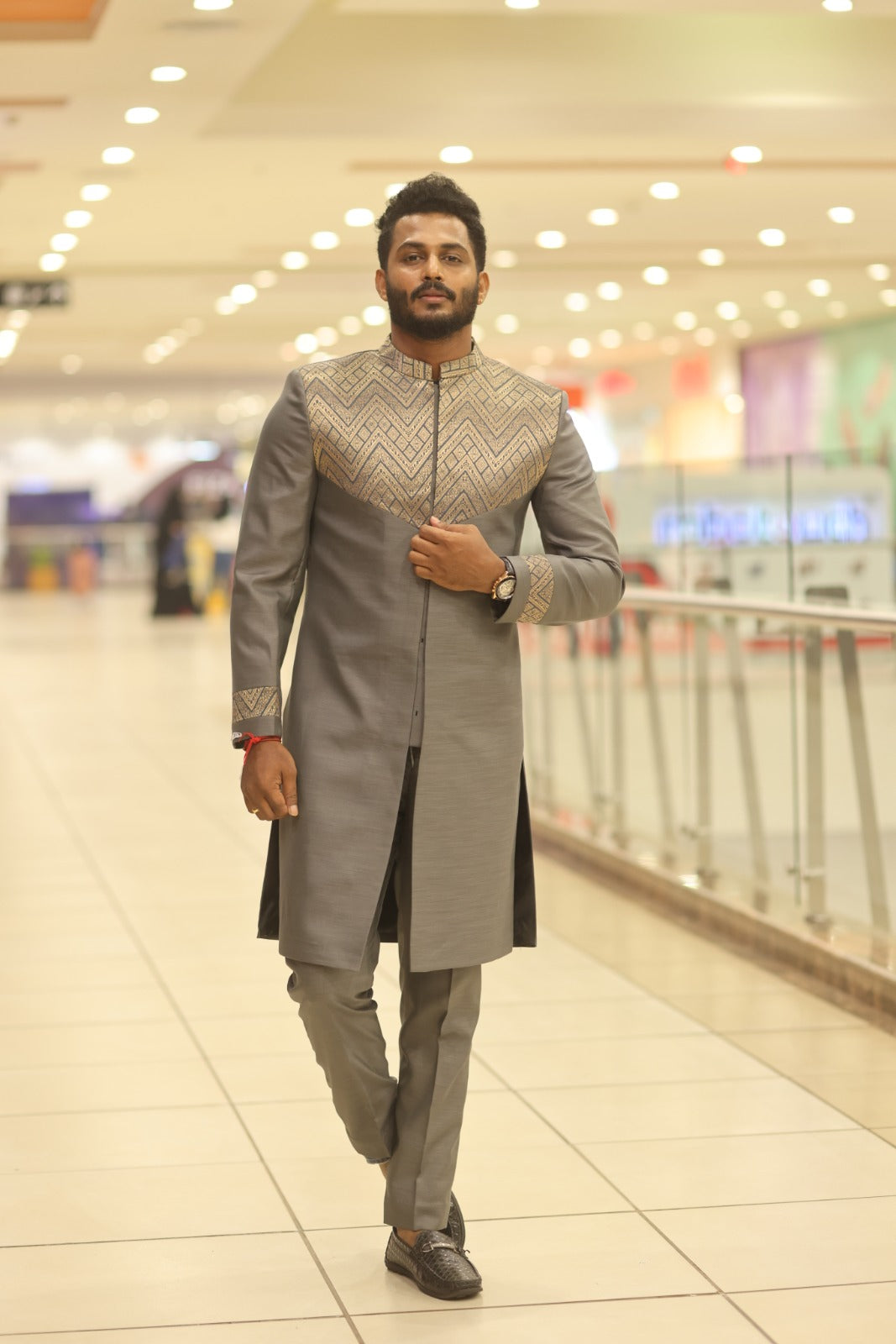 GREY SHERWANI WITH GOLD BROCADE