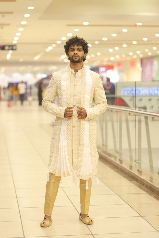 Cream sequence embroidered sherwani set