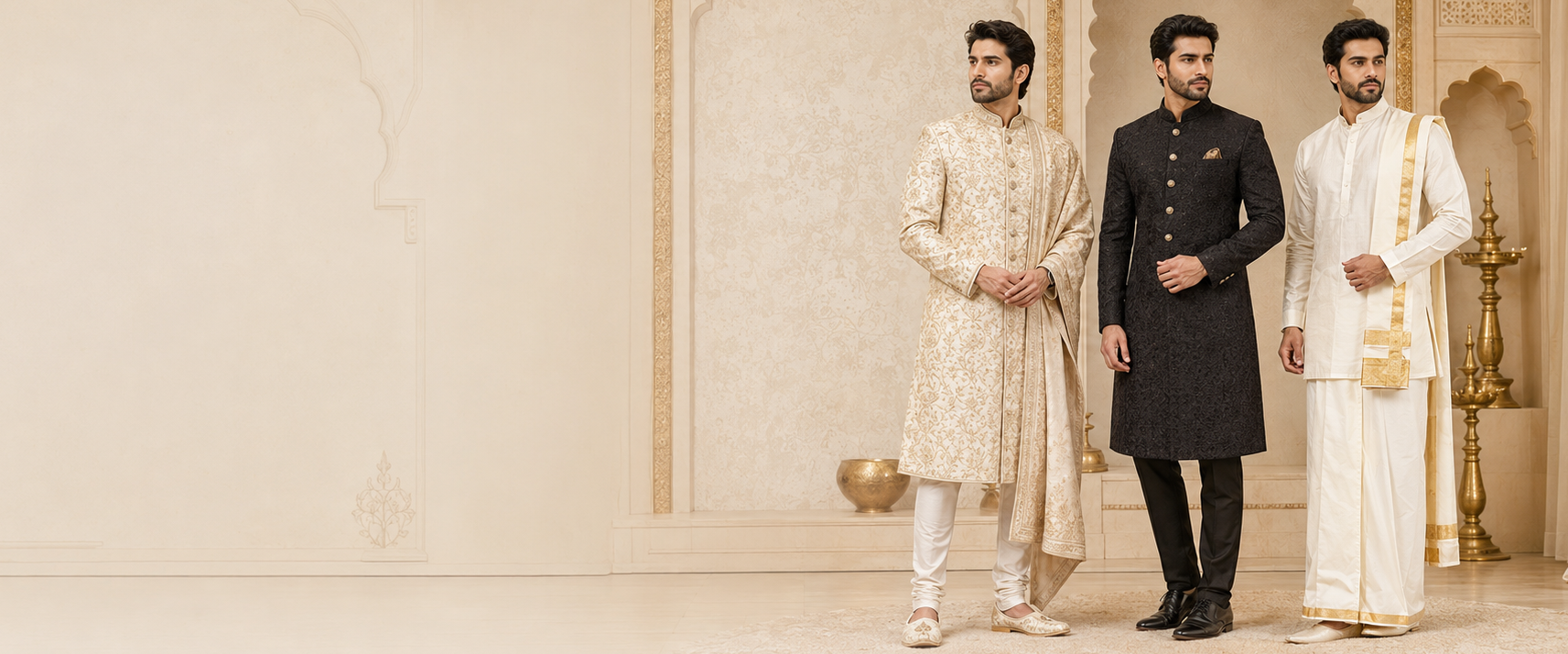 Three men standing indoors in traditional South Asian formal wear. The man on the left wears a cream embroidered kurta with white trousers, the center man wears a black kurta with black trousers, and the man on the right wears a white kurta with gold embroidery and white trousers.