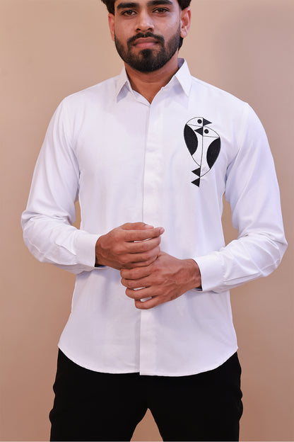 White Designer Shirt with White Embroidered Bird Motif