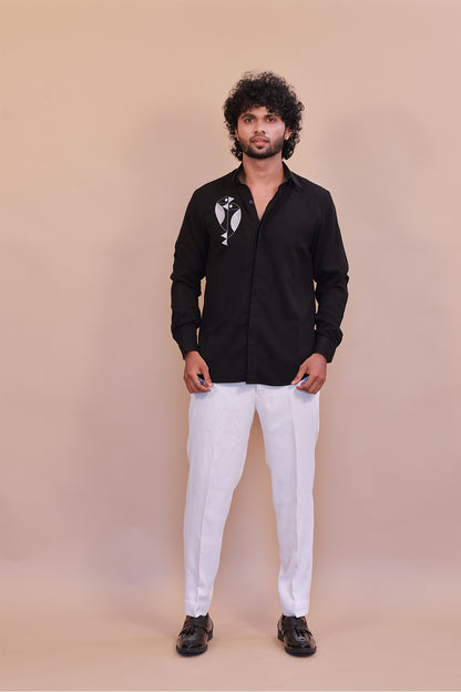 Black Designer Shirt with White Embroidered Bird Motif