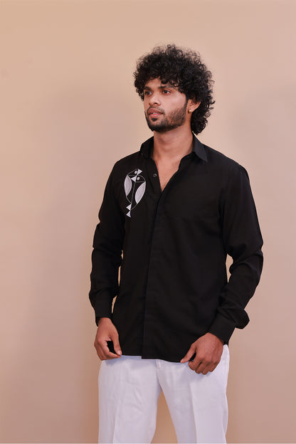 Black Designer Shirt with White Embroidered Bird Motif