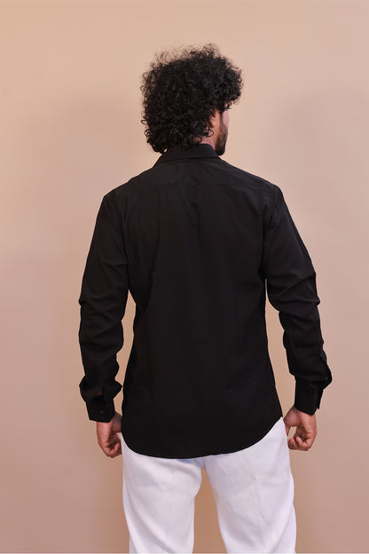 Black Designer Shirt with White Embroidered Bird Motif