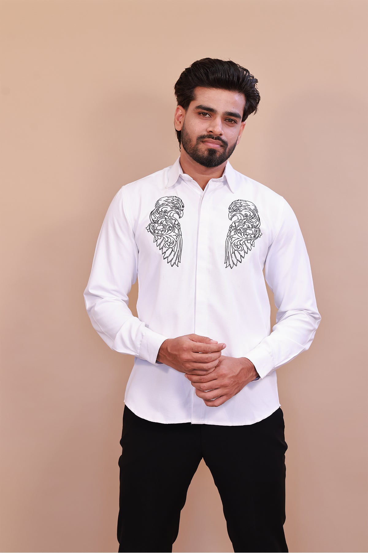 White Shirt with Intricate White Eagle Embroidery – Classic Embroidered Shirt for Men